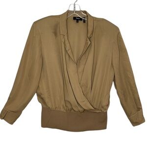 Theory Womens Large Truffle Brown Faux Wrap Front V Neck Notched Collar Silk Top